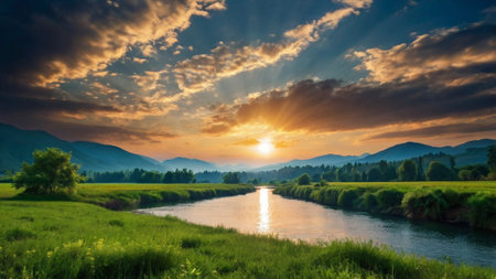 Sunset over the river. Beautiful summer landscape with river and mountains.の写真素材