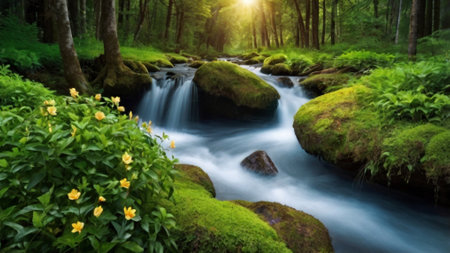 Long exposure of a small waterfall in a green forest with yellow flowersの写真素材