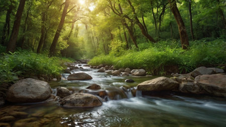 River in the green forest with sunlight. Beautiful nature landscape background.の写真素材
