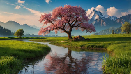 Cherry blossom tree on a meadow in front of mountainsの写真素材