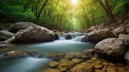 Beautiful mountain river flowing through the green forest. Long exposure shotの写真素材