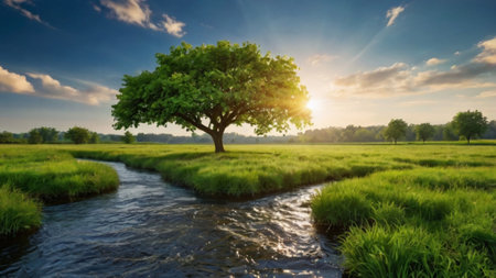 Lonely tree in a green meadow with a small riverの写真素材