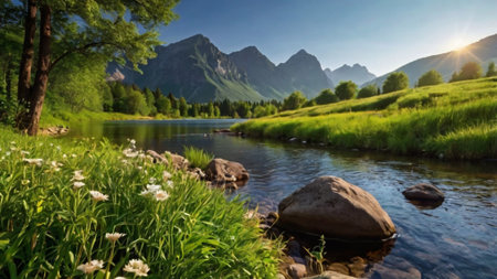 Mountain lake in the mountains. Summer landscape. The concept of active and photo tourismの写真素材