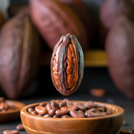 Cocoa beans in wooden bowl on wooden background. Selective focus.の写真素材