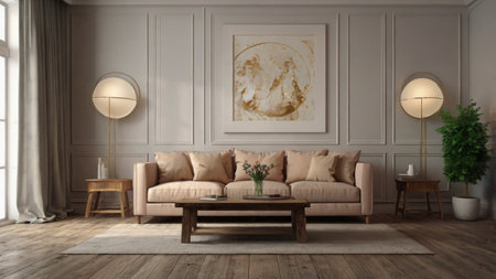 Living room interior with sofa, coffee table and wall paintings. 3d render