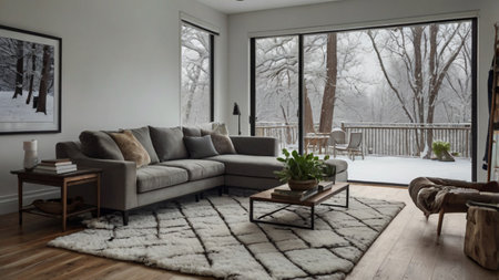 Interior of a modern living room with a gray sofa and a coffee table