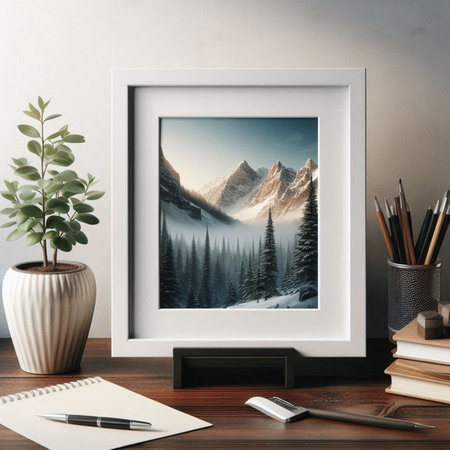 Mockup of a modern photo frame on a wooden table. 3d render