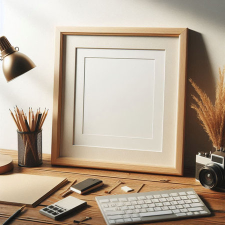 Wooden frame mockup, computer keyboard, camera and stationery on wooden table. 3d rendering