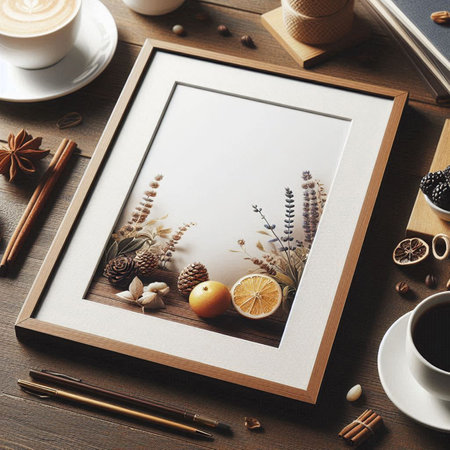 Stylish mock up frame on wooden table with coffee cup and decorations