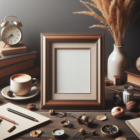 Blank picture frame mockup on wooden table with coffee cup, alarm clock, books and other items.の写真素材