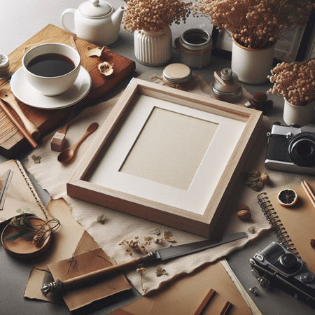 Wooden frame mockup with coffee cup and vintage camera on table