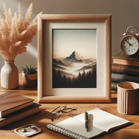Wooden frame mockup with picture of mountain landscape, coffee cup, books, glasses, alarm clock and...