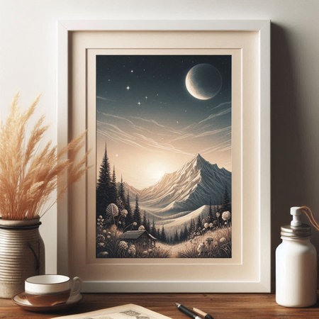 Mockup of a vertical photo frame with a picture of a mountain landscape and a cup of coffee on a...