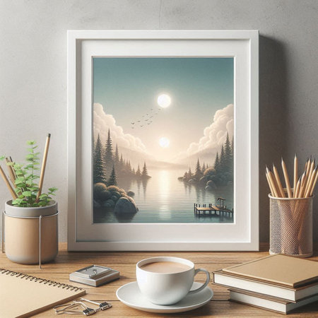 3d rendering, mock up of photo frame, coffee cup and stationery on wooden table