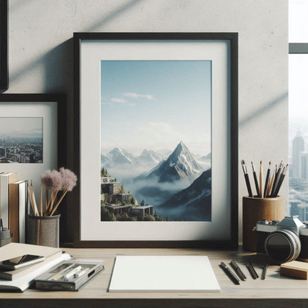 Close up of modern office desktop with blank poster, supplies and city view. Mock up, 3D Rendering