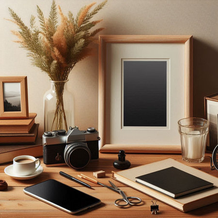 Blank photo frame mockup on wooden table. 3d rendering