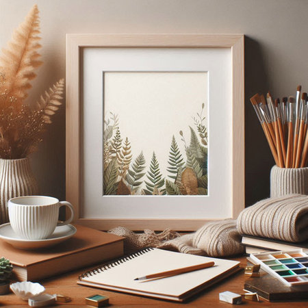Poster frame mockup, coffee cup, pencils, notebook, plants in cozy scandinavian interior.の写真素材