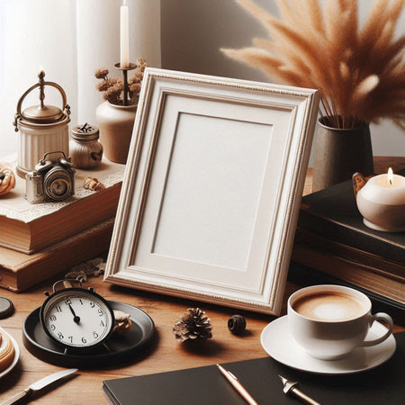 Blank photo frame mockup on wooden table with coffee cup, alarm clock, books and other items.
