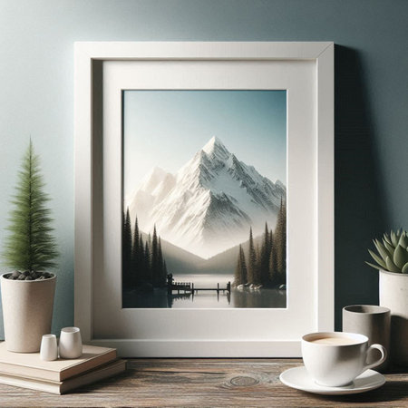 Mock up poster frame on wooden table with coffee cup and succulent. 3d rendering