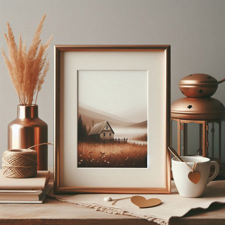 Mockup of a photo frame with a picture of a rural landscape in the interior.の写真素材
