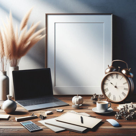 Interior of modern office workplace with blank picture frame, coffee cup and other items. Mock up,...