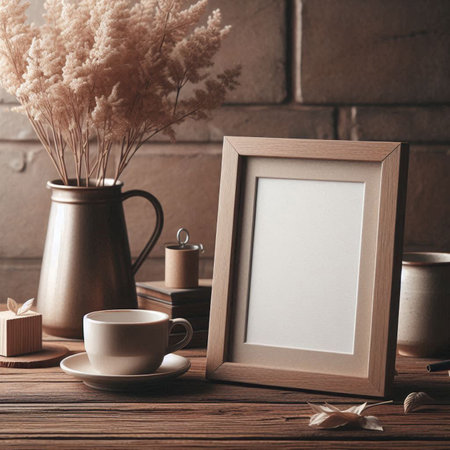Blank photo frame with coffee cup and vase on wooden tableの写真素材