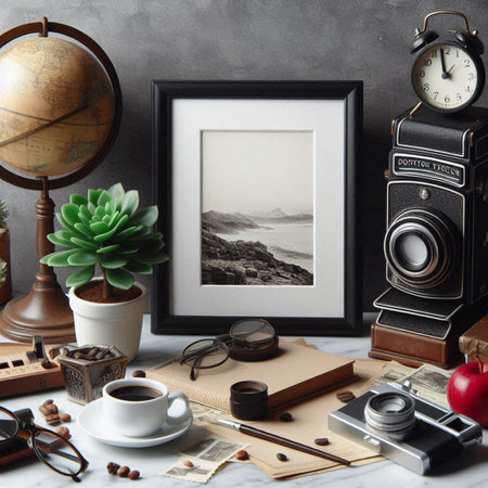 Still life with photo frame, coffee cup, vintage camera, succulent, coffee beans and other items on...