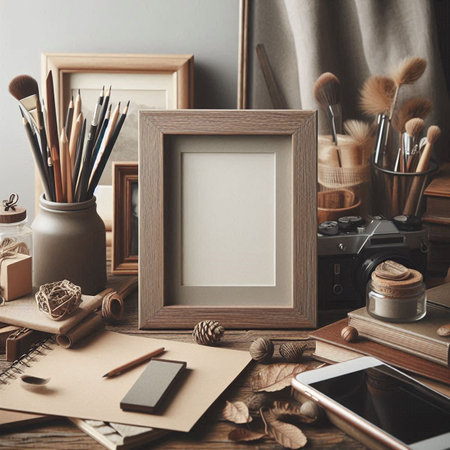 Wooden photo frame mockup, various stationery and smartphone on tableの写真素材