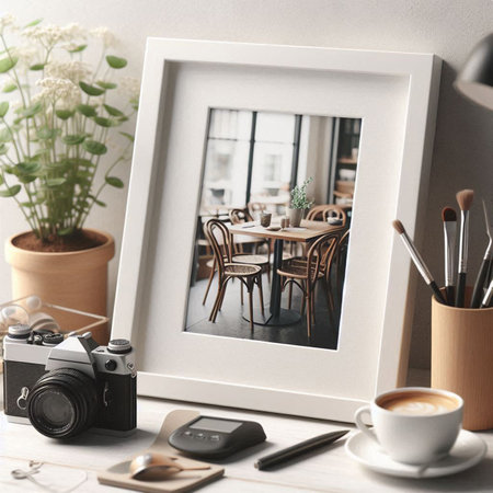 Modern photo frame mockup on table in cafe. Creative interior design