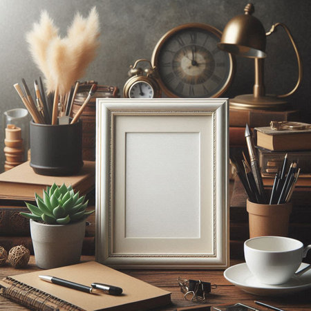 Blank picture frame mockup with coffee cup, alarm clock, pampas grass and other office supplies. 3d...