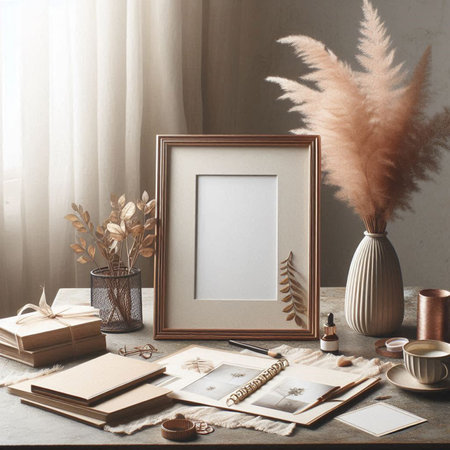 Photo frame mockup with pampas grass in vase and books on wooden table
