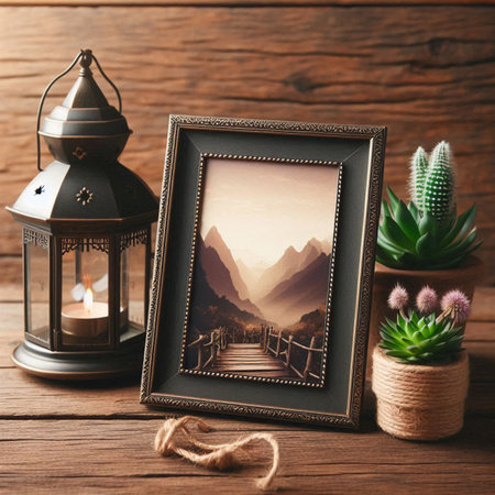 Lantern, cactus and succulent on a wooden background
