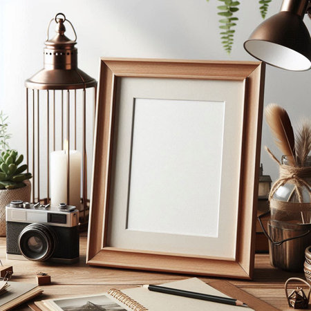 Blank frame mockup on wooden table. 3d render illustration
