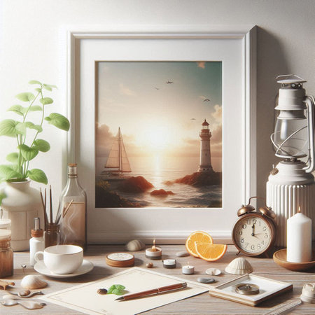 Mockup of a vintage photo frame with a picture of a lighthouse, a cup of tea, a lantern, a notebook,...