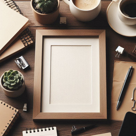 Top view of modern workplace with blank photo frame, stationery and coffee cup. Mock up