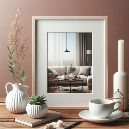 Interior of modern living room with picture frame mockup, 3d render