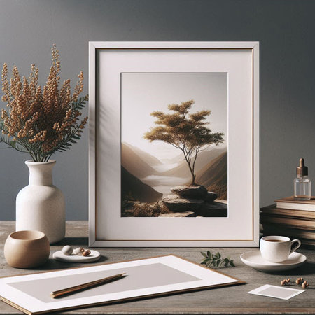 Modern interior with mock up poster frame, coffee cup, vase with dry flowers. Mock up, 3D Renderingの写真素材