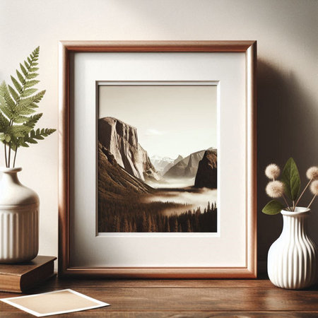 Wooden frame mockup on the wall. 3d rendering.