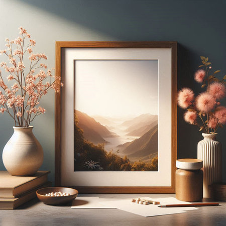 Mock up frame in interior with vase, books and flowers. 3D rendering