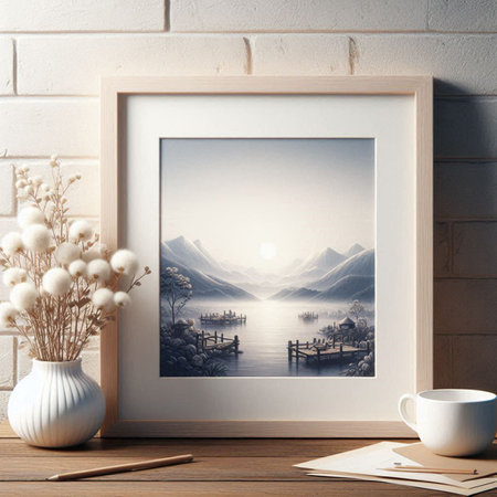 Wooden frame mockup with a picture of lake, mountains and a cup of coffee