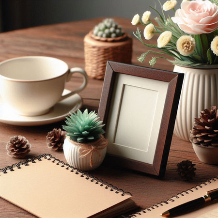 Blank photo frame mockup with succulent plant, coffee cup and notebook on wooden table.