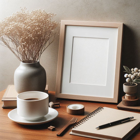 Blank photo frame mockup, coffee cup and notebook on wooden table.