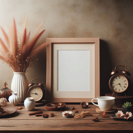 Blank photo frame mockup on rustic wooden background. Home decor.の写真素材