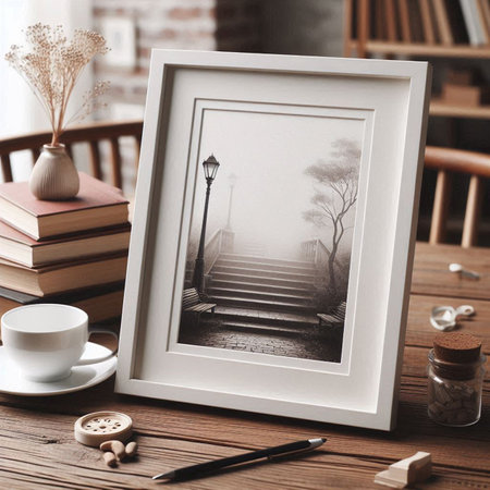 Wooden shelf with books, cup of coffee and picture frame.