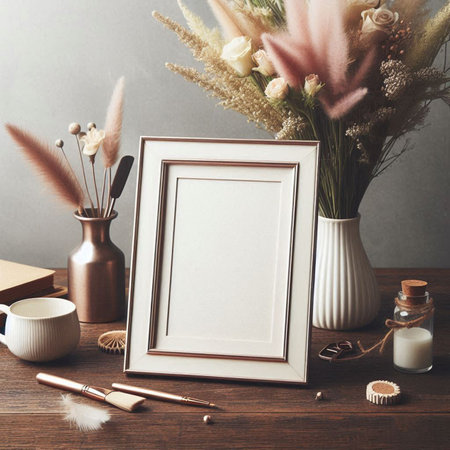 Wooden frame mockup, vase with dried flowers and paintbrushes on wooden table.