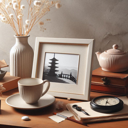 Coffee cup, teapot and picture frame on table