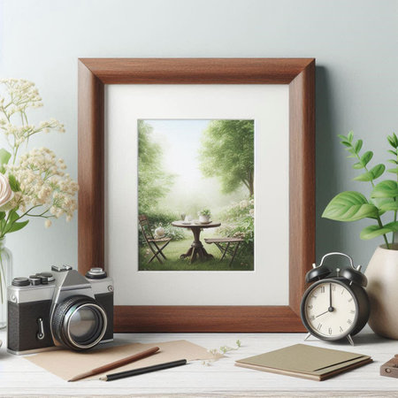 Interior design mockup with photo frame, coffee table, camera and plants. 3d rendering