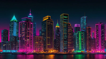 Dubai skyline at night, United Arab Emirates. Dubai is the fastest growing city in the world.の写真素材