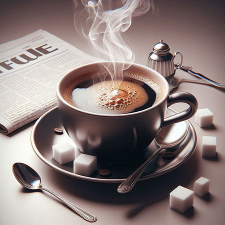 Cup of coffee with saucer, spoon, sugar cubes and newspaperの写真素材