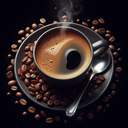 Coffee cup and coffee beans on black background, top viewの写真素材